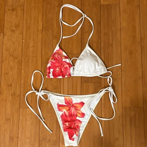 Nova Swim White String Bikini with Pink-Red Floral Print M - Picture 1 of 5